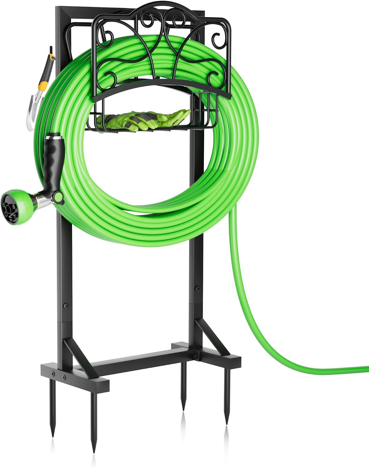 Heavy-Duty Garden Hose Holder with Storage Basket and Tool Hooks, Stable Hose Hanger Metal Garden Hose Storage Holds 160Ft, Rustproof Freestanding Water Hose Holder for Outside,Yard,Lawn,Farm
