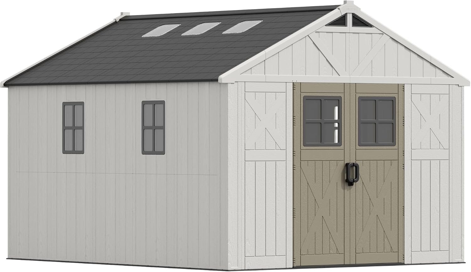Devoko 10×12 FT Resin Outdoor Storage Shed with Floor, Large Plastic Garden Shed with Windows & Lockable Door, Multipurpose Tool Storage Shed for Patio Backyard Lawn, Beige