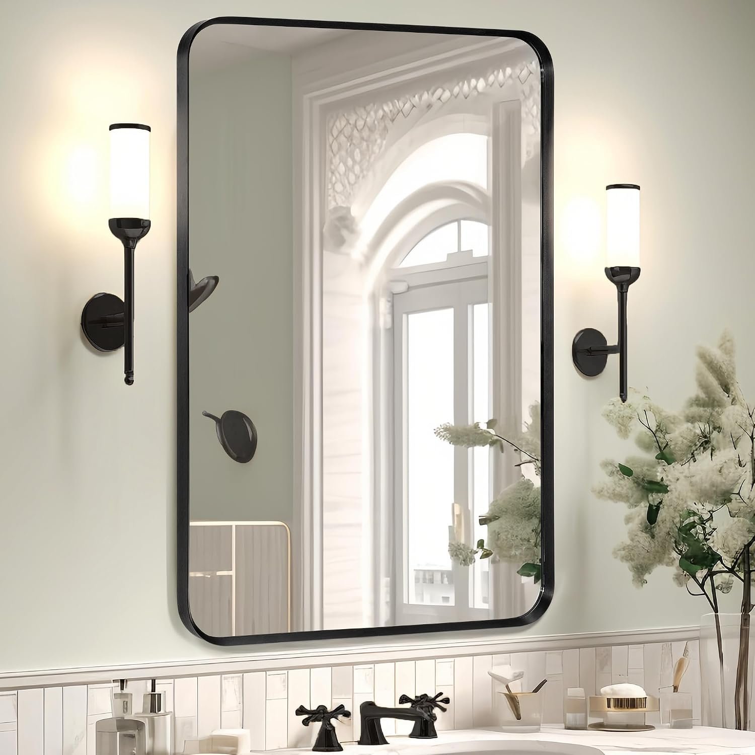 Wall Mount Mirror for Bathroom, Brushed Black Metal Framed Rounded Corner Rectangular Vanity Mirror (24″ x 36″, Black)