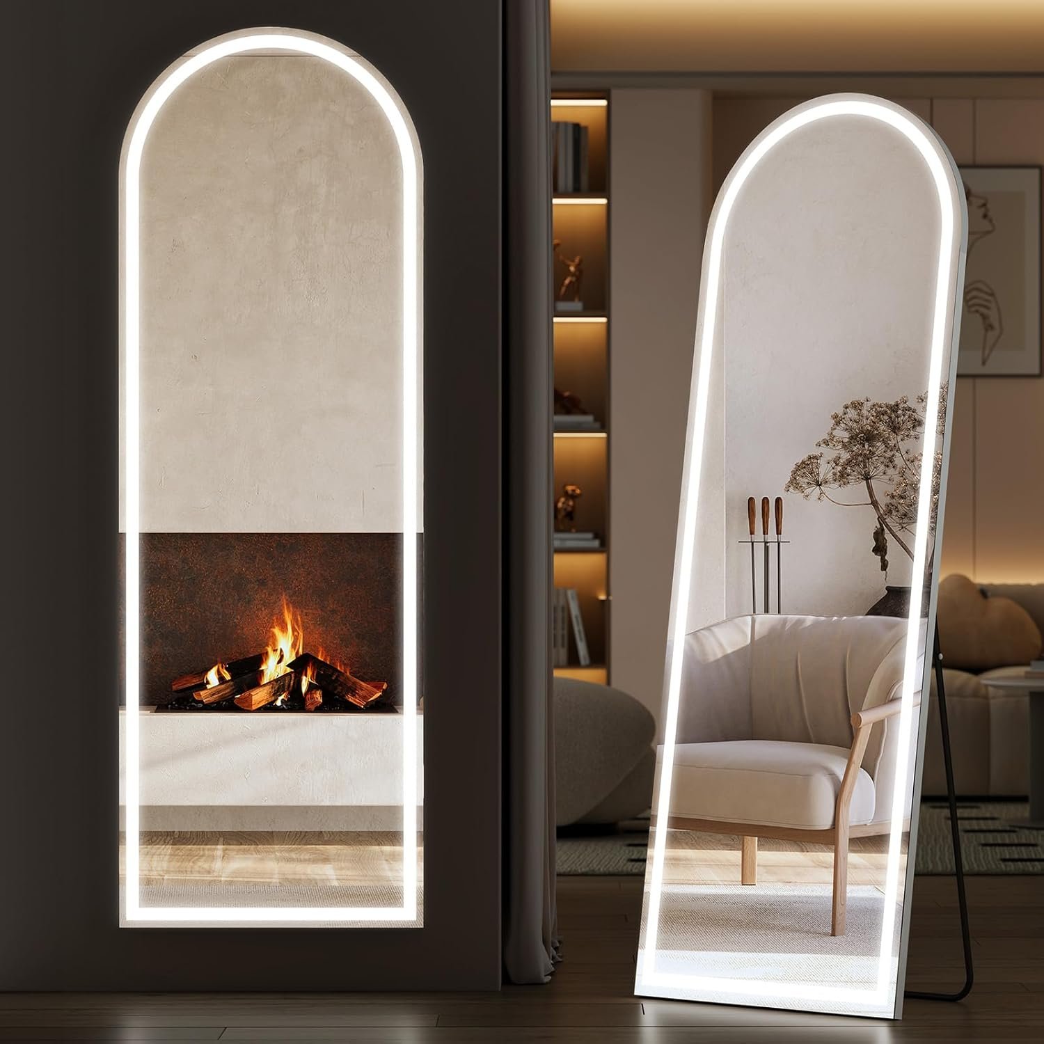Sweetcrispy Arched Full Length Mirror with LED Lights, 63″x21″ Lighted Full Body Floor Mirror with Dimming & 3 Color Lighting, Stand for Bedroom, Dressing Room, White