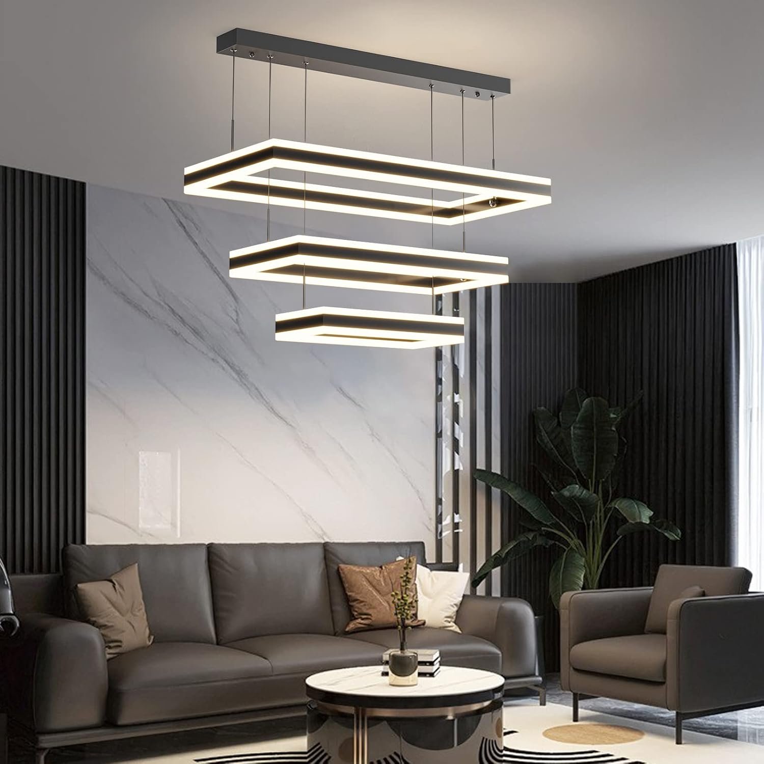 Modern Ceiling Pendant Light, LED Chandelier with Remote Control Dimmable 3 Color Mode & Brightness, Anti-Flicker Pendant Lights Kitchen Island Light Fixture for Dining Room Living Room