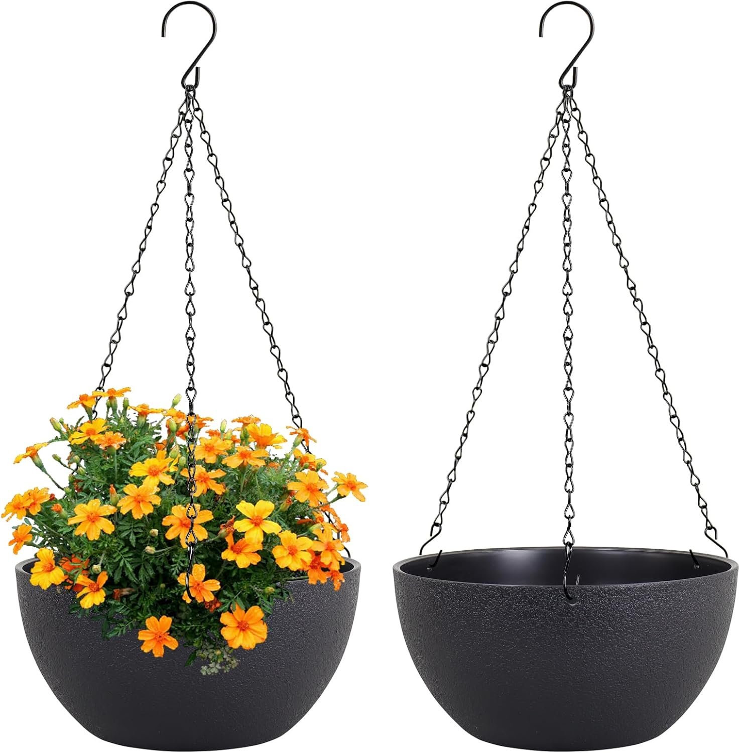 Meowell 10 inch Hanging Planters for Indoor Outdoor Plants, 2 Pack Hanging Flower Pots with Drainage Holes and Chain for Garden Porch, Round Plastic Hanging Baskets for House Plants, Black