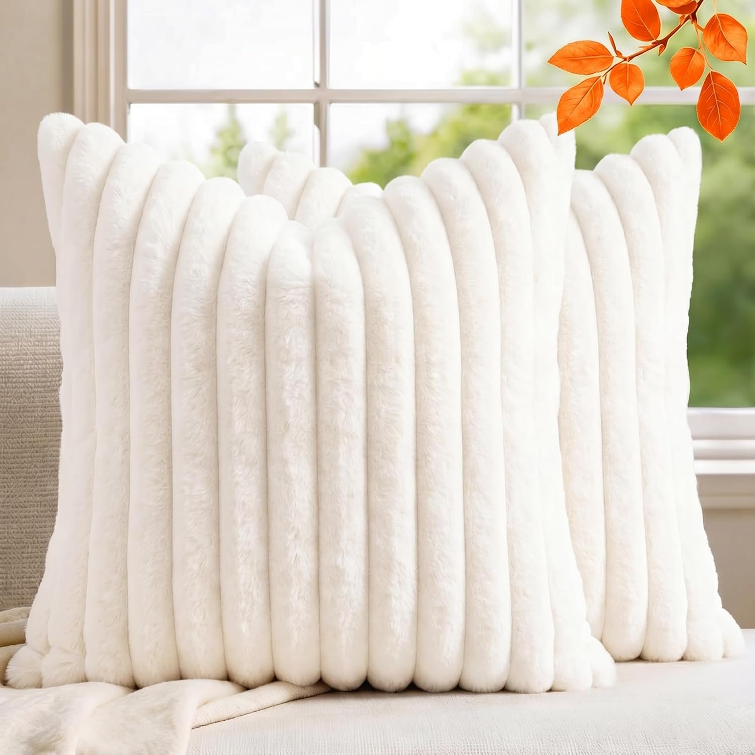 Pack of 2 Throw Pillow Covers 18×18 Decorative Solid Plush Faux Fur with Soft Velvet Back, Square Striped Cushion Cases Modern Farmhouse Home Decor for Living Room Couch Sofa Bed Cream White