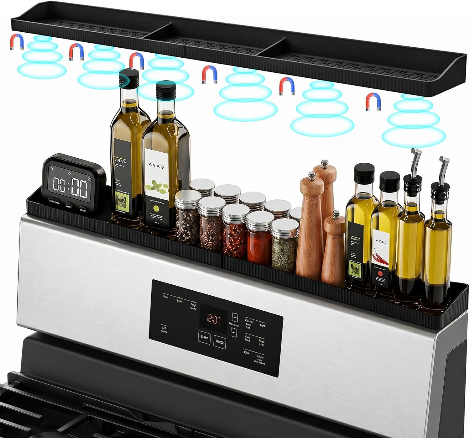 30″ Magnetic Stove Top Shelf, Silicone Over the Stove Spice Rack Organizer | Heat Resistant Silicone, Anti-Rattle No-Scratch Range Shelf, 3 Functional Partitions Kitchen Storage for Spices