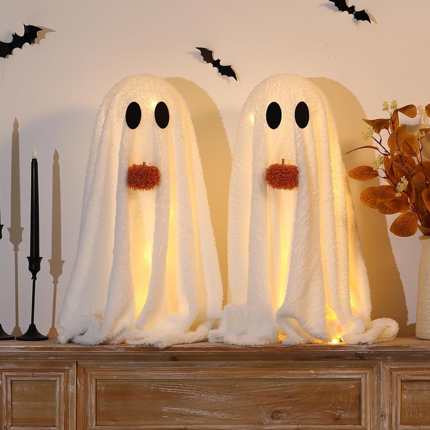 Halloween Decorations-2 Pack Light-Up Sherpa Ghosts with Pumpkin Halloween Decor Indoor Cute Ghost Decorative Signs Tabletop Decor for Party Home Kitchen and Fireplace