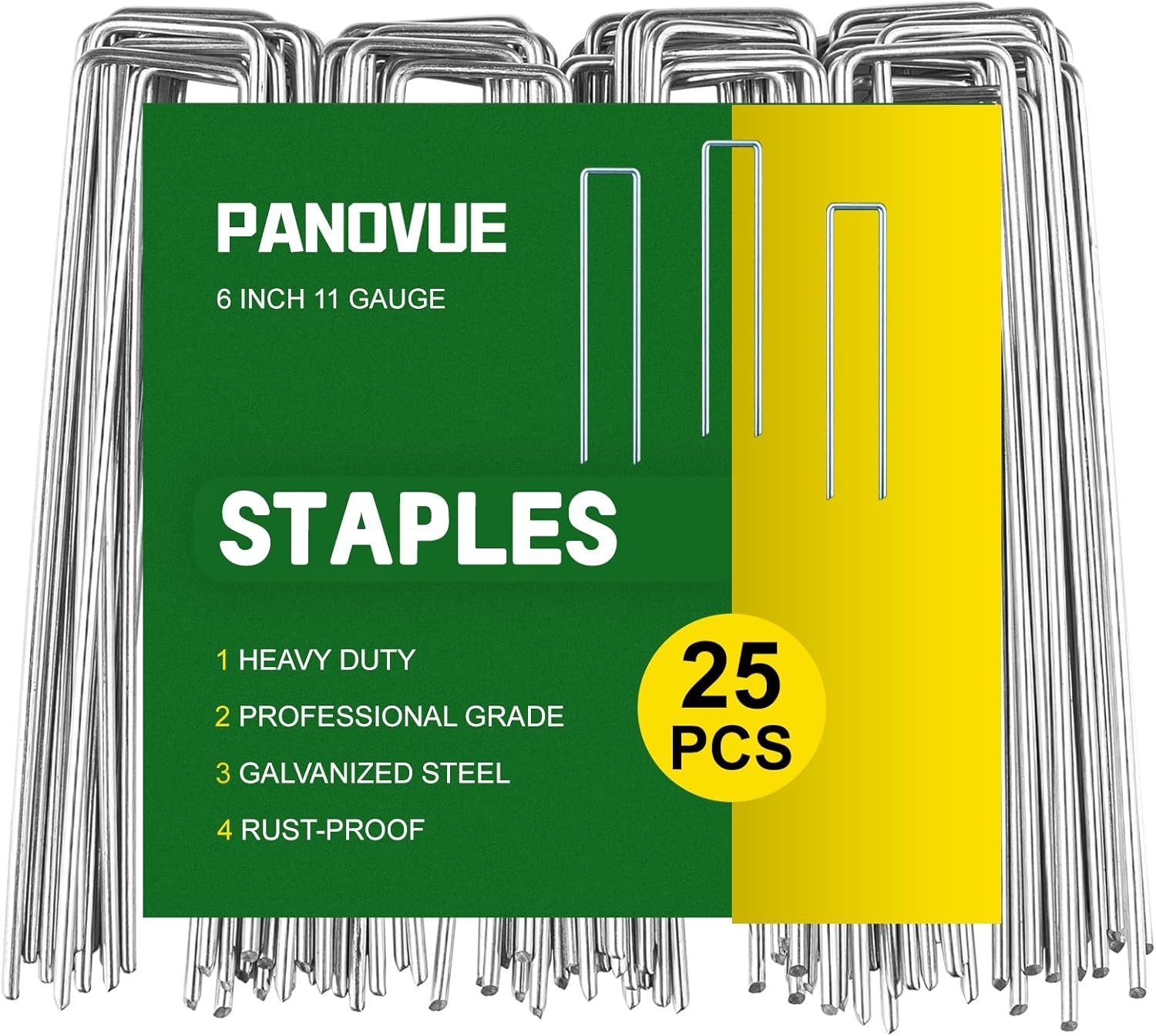 Panovue 6 Inch Heavy Duty Galvanized Garden Staples, 11 Gauge Landscape Fabric Stakes with Adjustable Width for Weed Barrier, Sod, Fencing and Outdoor Decoration (25)
