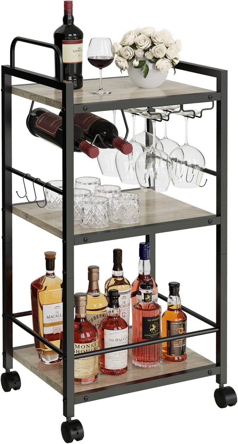 Bar Cart for The Home, 3 Tier Kitchen Carts with Wheels, Small Rolling Cart with Glass Holders, Wine Rack, Mini Bar Cart for Kitchen, Dining Room, Living Room, 13.0″ D x 17.0″ W x 33.8″ H, Greige