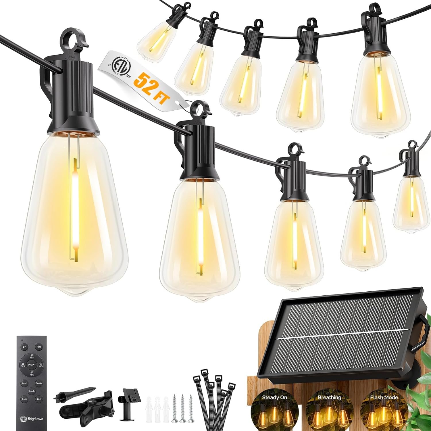 Brightown 52FT Solar String Lights Outdoor Waterproof, Patio Lights with Remote & Timer, USB/Solar Powered Dimmable Outdoor Lights, 15+1 LED Bulbs for Backyard Garden Camping Party – 26Hrs Runtime