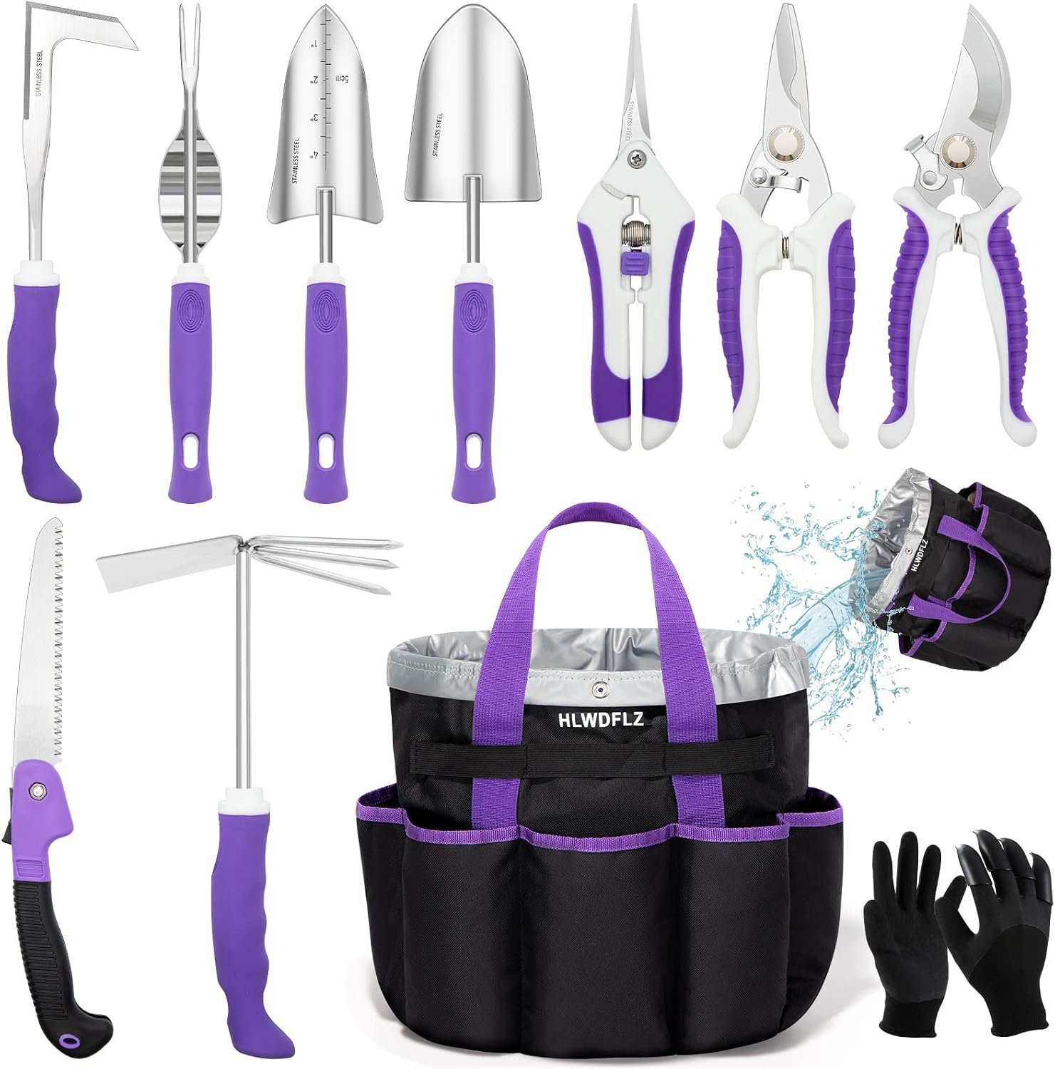 Purple Garden Tool Set Gardening Items for Women – 11PCS Heavy Duty Garden Tools with Detachable Storage Bag, Weeder, Dual-Purpose Hoe