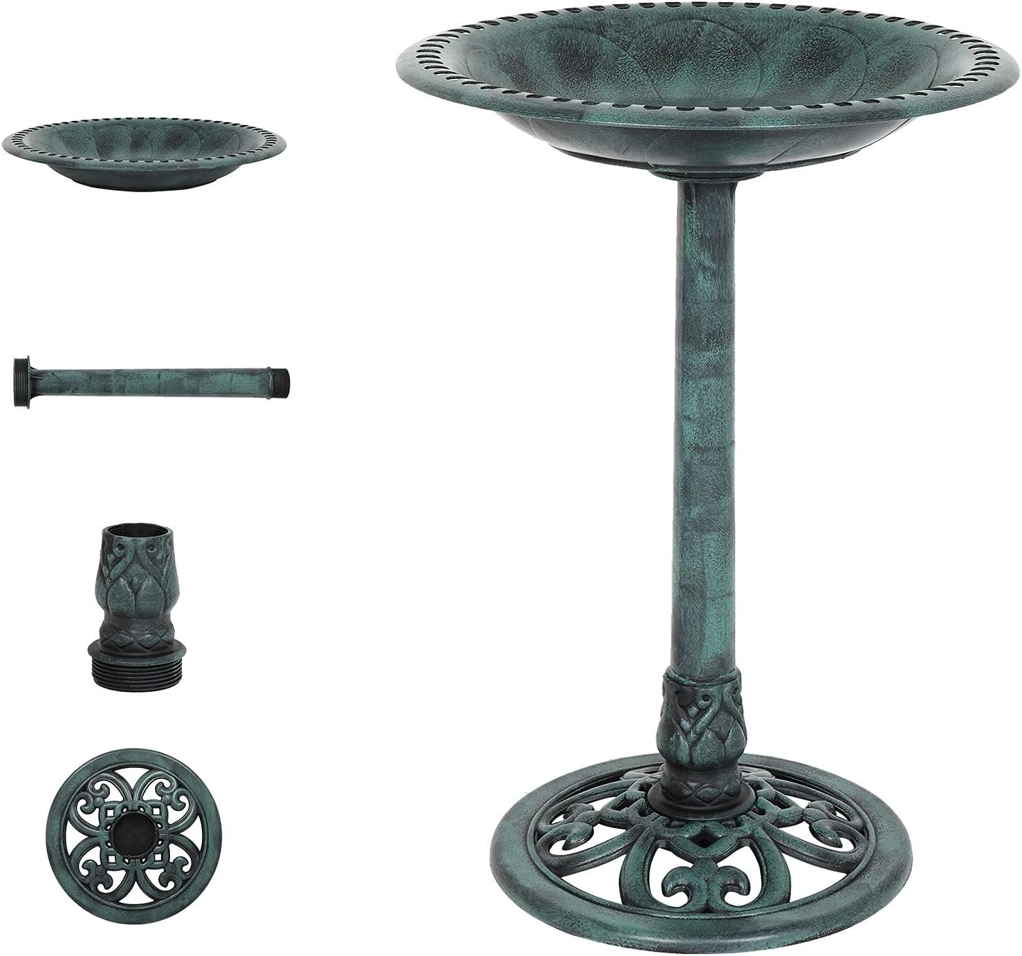 VINGLI Pedestal Bird Bath, Resin Birdbaths Weather Resistant, Bird Baths with Floral Accents & Vintage Finish, Garden Decor for Outdoor, Patio, Yard, Lawn (Green)