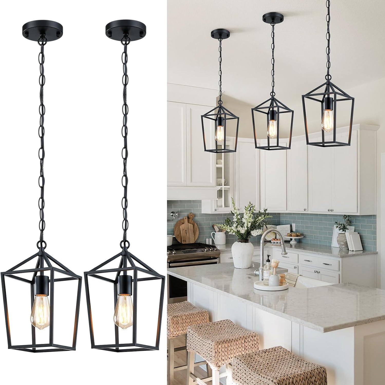 Sheetea 2-Pack Farmhouse Pendant Lights Kitchen Island, Black Pendant Light Fixtures Hanging Lamp for Dining Room, Modern Kitchen Pendant Lighting Over Island, Metal Cage Design