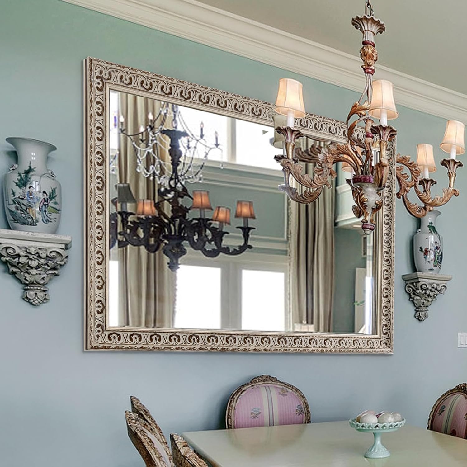 48″ x 32″ Large Mirror Wall Decor for Living Room, Vintage White Dining Room Mirror for Farmhouse Bathroom, Bedroom, Entryway, Elegant Butterfly Carvings Solid Wood Frame