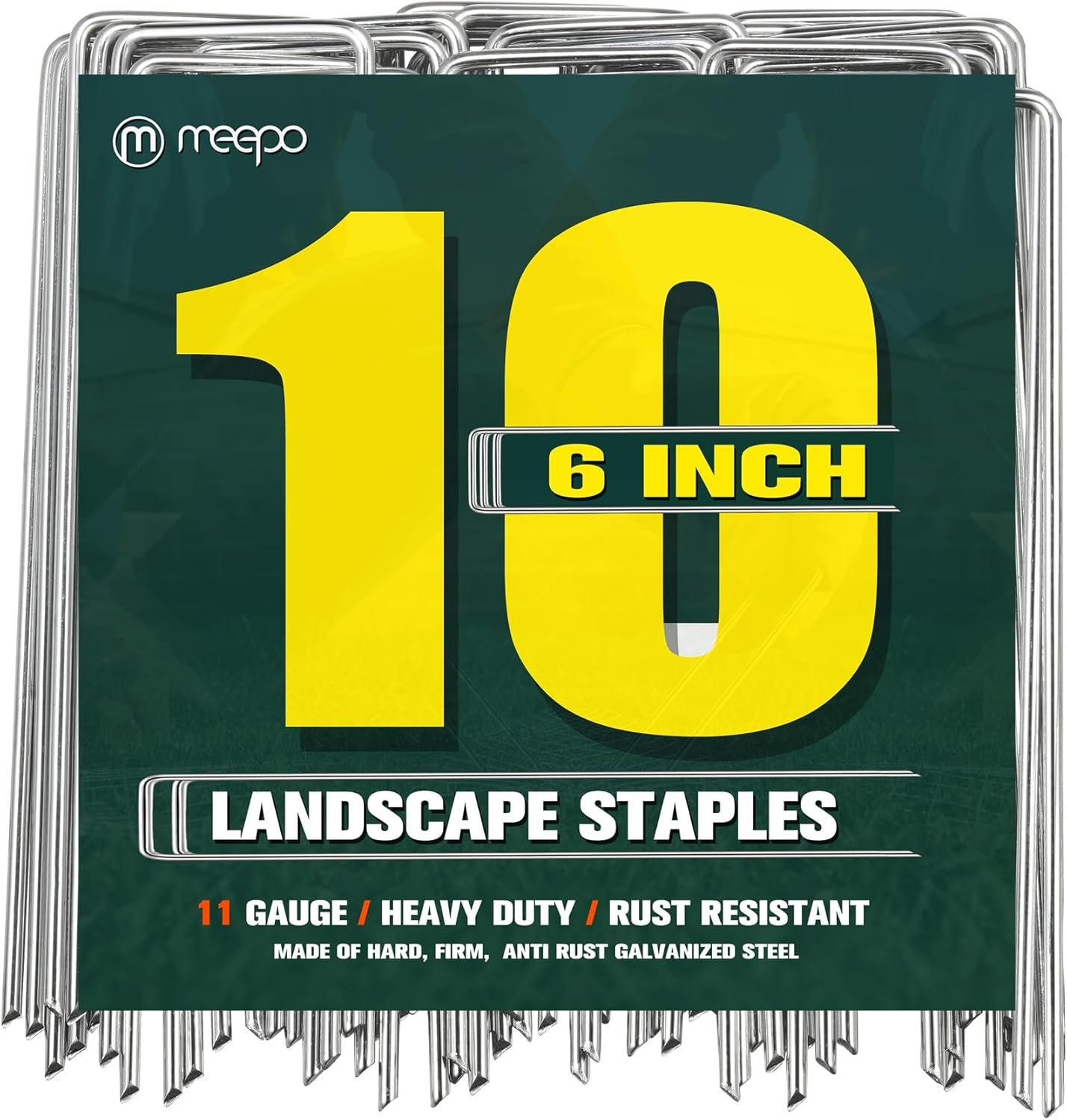 M MEEPO 10-Pack 6 Inch Heavy Duty Landscape Staples, Rust-Proof Galvanized Garden Stakes, 11 Gauge 5X Sharper U-Pins for Inflatables, Dog Fence, Tents, Weed Barrier, Outdoor Decor & Garden Repair