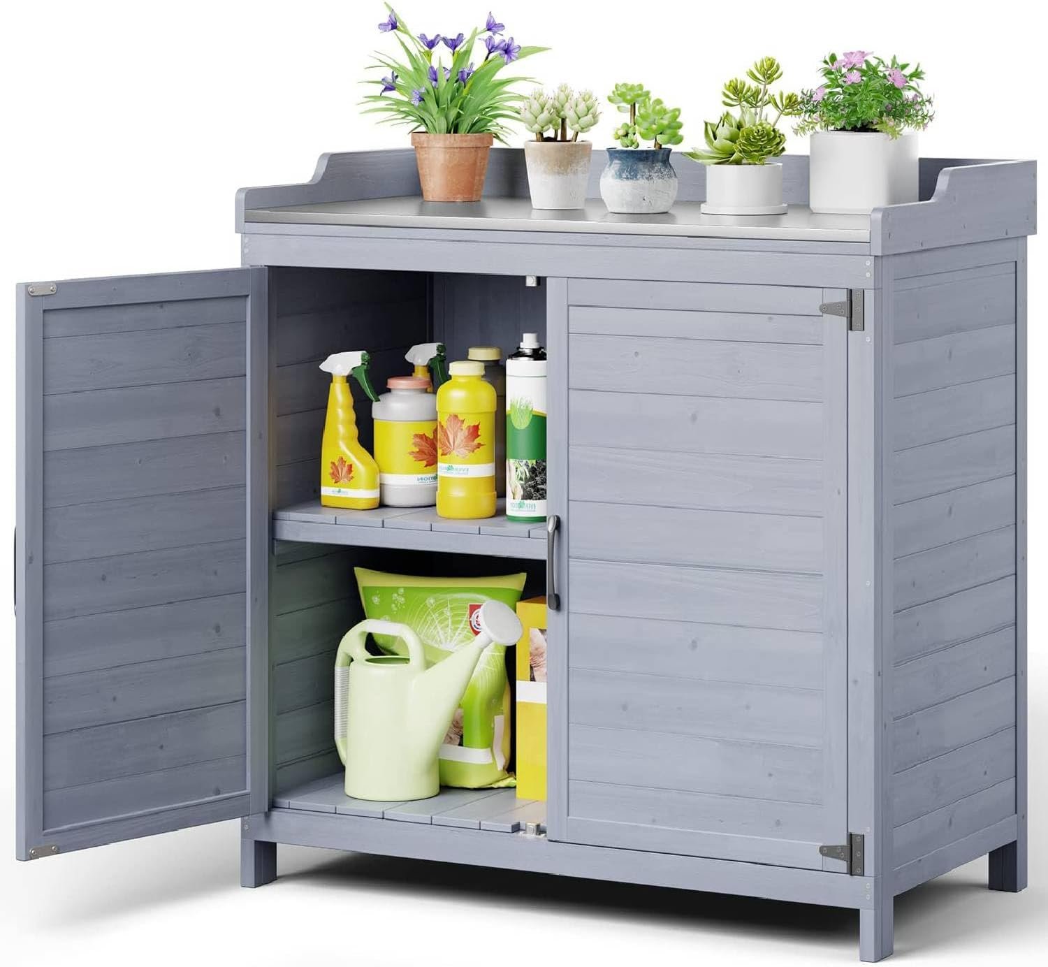 Gizoon Outdoor Potting Bench with Metal Tabletop, Outdoor Garden Patio Wooden Storage Cabinet with Adjustable Shelf, Double Doors Garden Work Bench for Backyard, Patio, Lawn – Grey