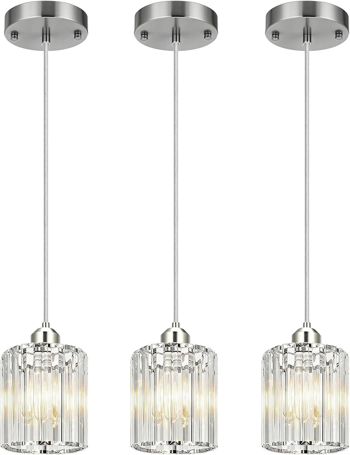 3 Pack Pendant Lights Kitchen Island, Modern Island Lights for Kitchen with Crystal Glass – Luxury Nickel Pendant Lights for Kitchen Island, Dining Table, Entryway, Restaurant
