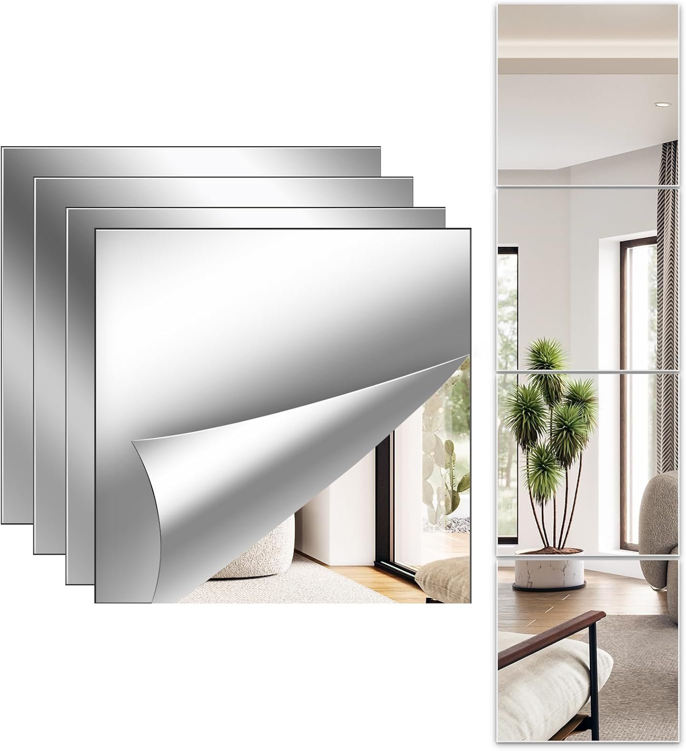 Full Length Wall Mirror Tiles, 12” x 12” x 4PCS, Acrylic Unbreakable Full Body Mirror for Bedroom Squares Shatterproof Mirror Sheets Wall Mounted for Home Gym Door Plexiglass Mirrors Safe for Kids