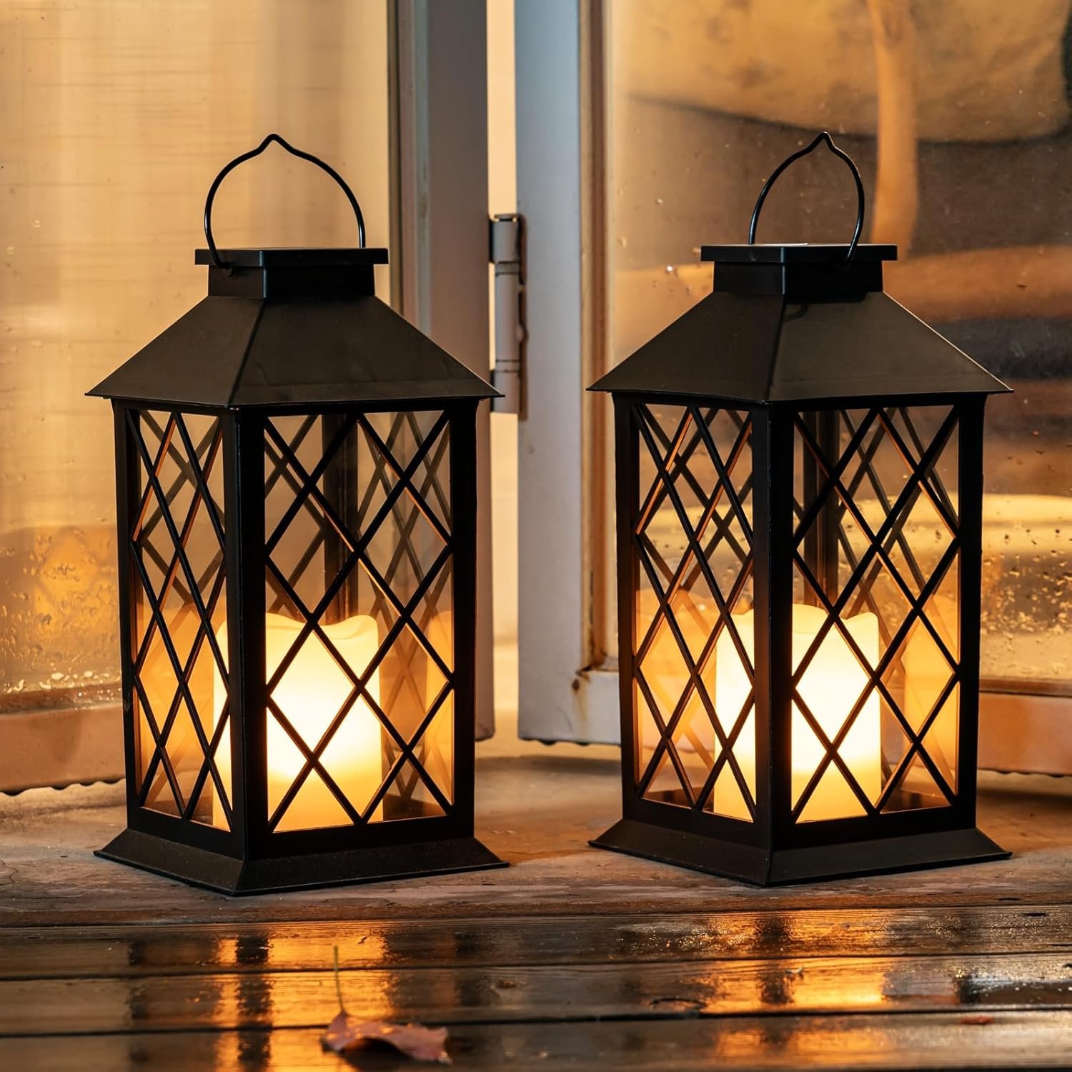 Homemory Solar Lanterns Outdoor Waterproof Hanging with Flickering Flameless Candles, 2 Pack 13” Garden Outdoor Lantern Decorative for Patio Front Porch Backyard Balcony Cabin Outside Table(Black)
