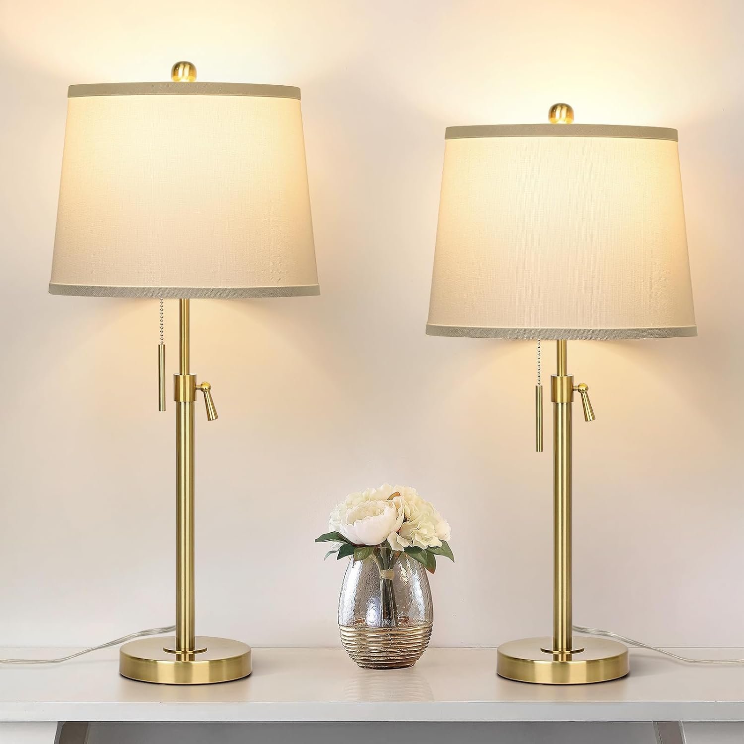 JUNNAI 2 Pack 22″-30″ Adjustable Height Table Lamps Set, Modern Gold Table Lamps with White Shade 3 Colour Temperature Pull Chain Tall Lamps for Living Room Bedroom Bedside End Table Nightstand