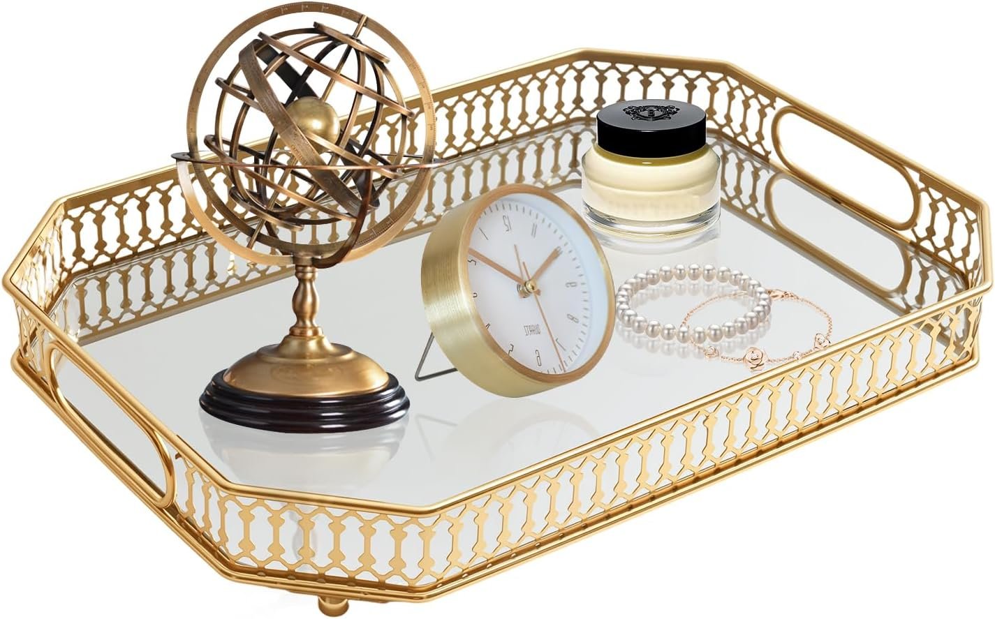 Vintage Gold Mirrored Vanity Mirror Tray Decorative Perfume and Makeup Organizer with Handles for Dresser,Bathroom or Jewelry Display, Decor Home Large Size (Large) | Decorative, Perfume and Makeup Organizer, With Handles, For Dresser, Bathroom or Jewelry Display