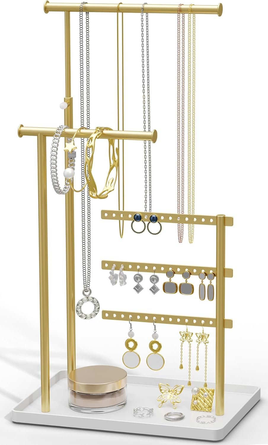 susswiff Jewelry Holder Organizer Stand – Adjustable Tall 17.5″ (Max), Sturdy Jewelry Hanger for Necklaces, Earrings, Bracelets, Rings, Jewlery Display and Storage, Gold and White, Metal