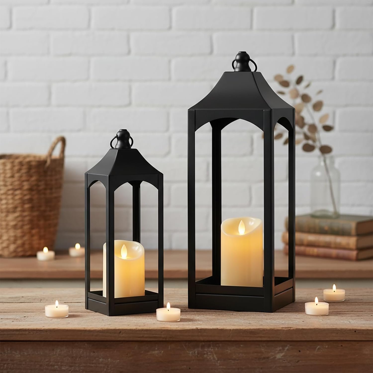LETINE Vintage Lantern Set of 2 (12.67″ & 16.41″) with LED Candles – Multi-Size Black Decorative Indoor Outdoor Lanterns for Porch, Patio, Home Decor, Classic Candle Holder for All Season（NO Glass）