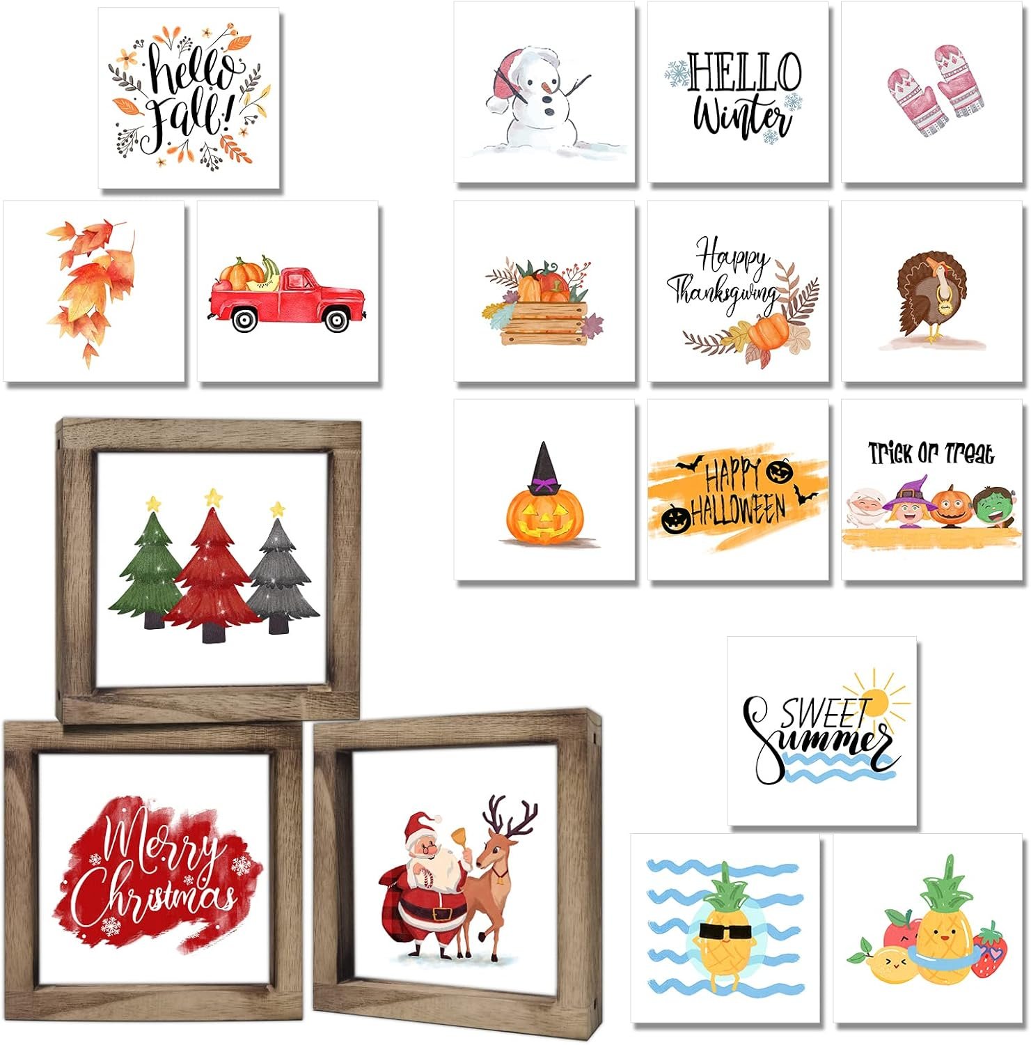 Spring Decor Farmhouse Summer Home Decor Signs 36 Interchangeable Sayings with 3 Wooden Frames for Office and Living Room Tiered Tray Decor Table Desk Wall Decor Seasonal Decoration Holiday Gift