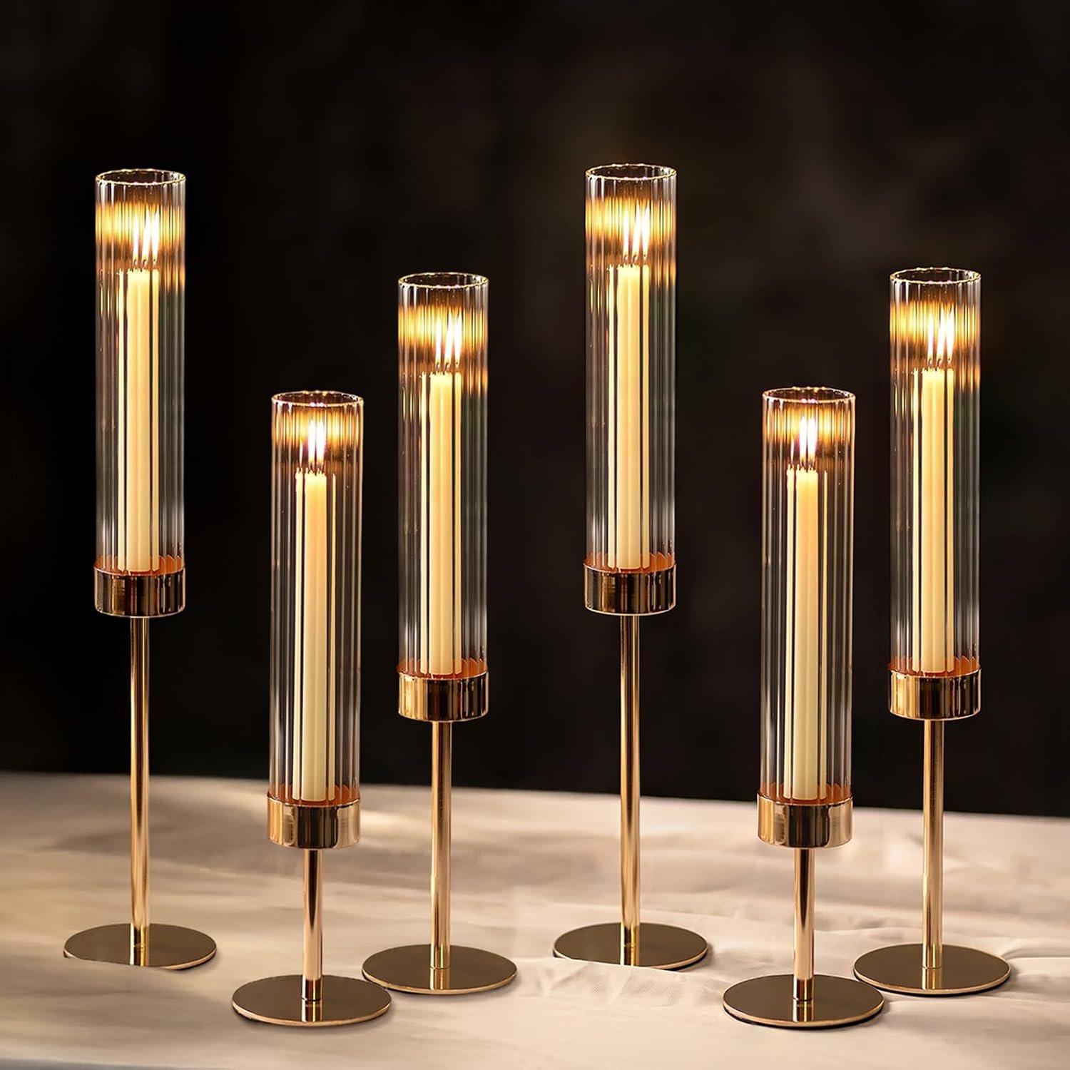 NUPTIO Hurricane Candle Holder for Centerpiece: Set of 6 Tall Candle Stick Holder with Ribbed Glass Cover – Bulk Fluted Taper Candlestick Decor for Living Room Thanksgiving Christmas