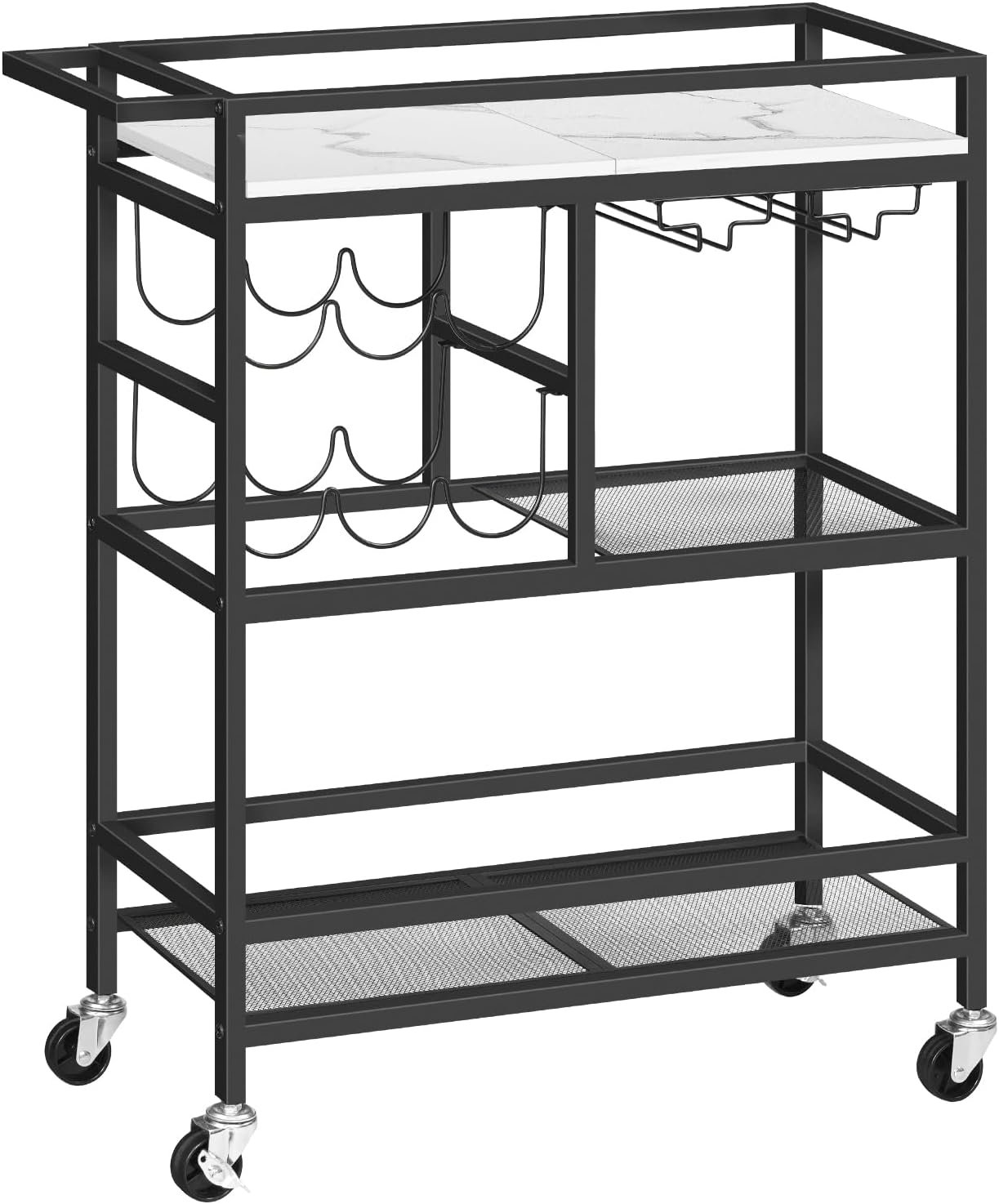 MAHANCRIS Bar Cart for Home, 3-Tier Serving Cart with Wheels and Handle, Beverage Cart with Wine Rack and Glass Holders, Rolling Wine Cart for Kitchen, Dining Room, Marble and Black RCHM6101