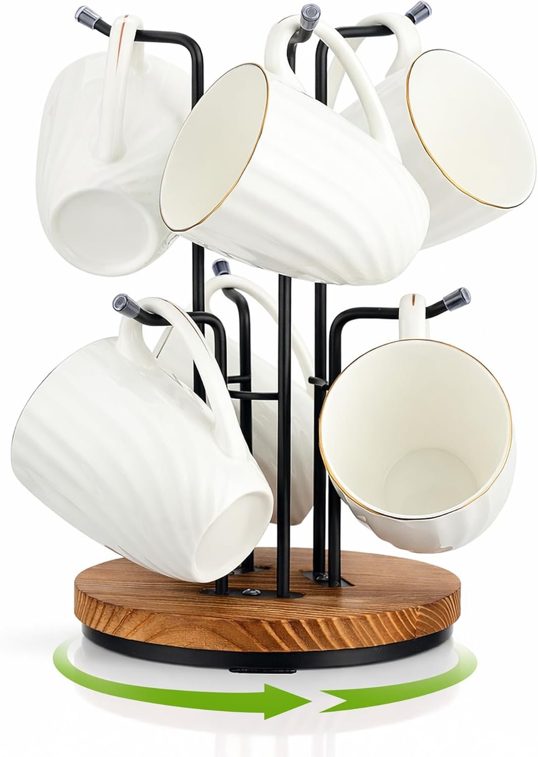 360° Rotating Large Mug Tree for Counter, Coffee Mug Holder with 6 Hooks, Cup Holder Stand for Countertop, Metal Cup Tree Rack with Weighted Wood Base, Kitchen Coffee Bar Decor Display