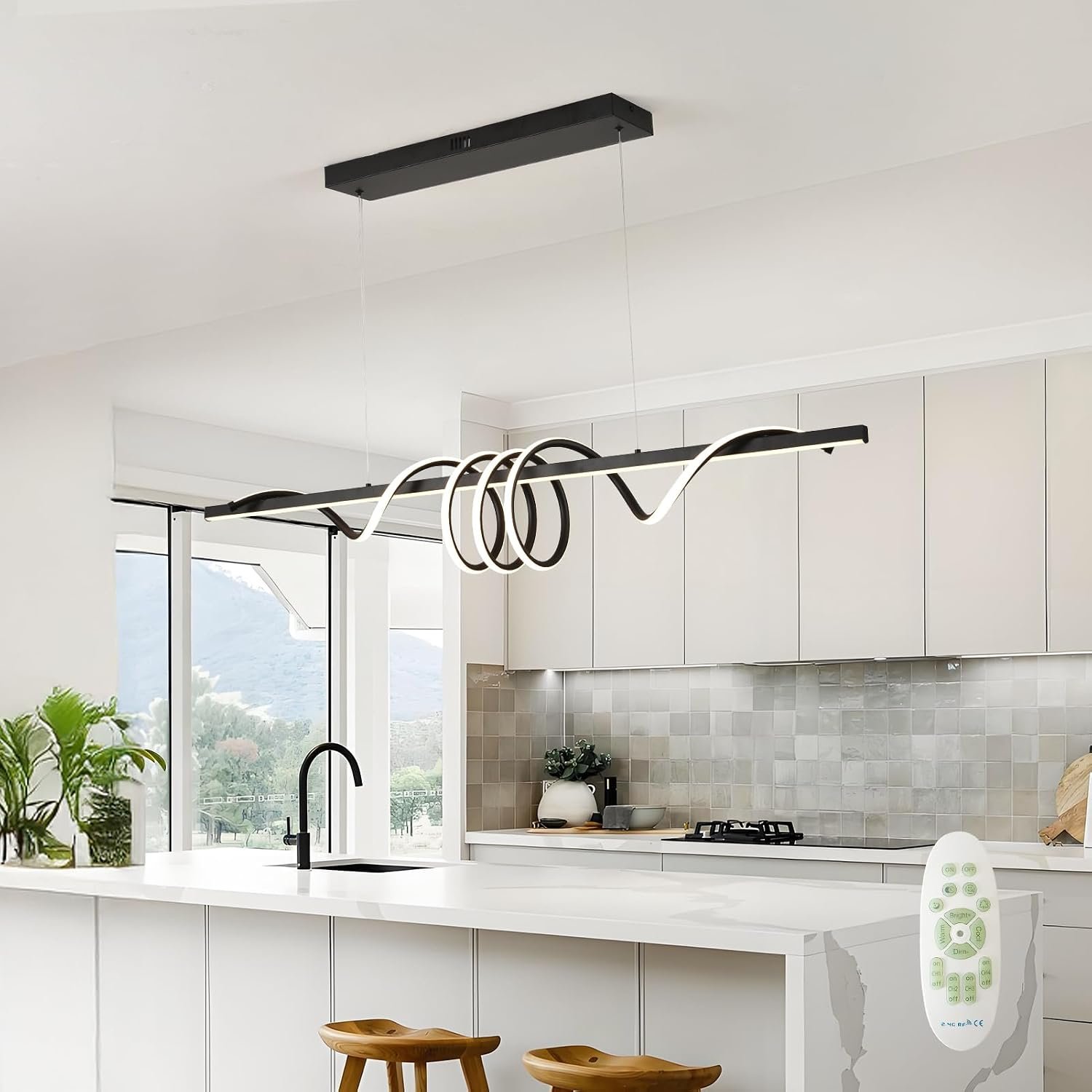 Dining Room Light Fixture 39″ 45W LED Dimming Modern Kitchen Light | Chandelier 3000K-6500K Memory function Black Pendant Lights Kitchen Island 5FT Height Adjustable Remote Control