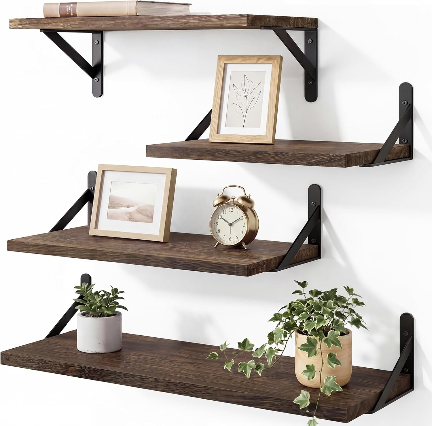 YGEOMER Wall Shelves, 4pcs Different Sizes Dark Carbonized Brown Floating Shelves for Decor