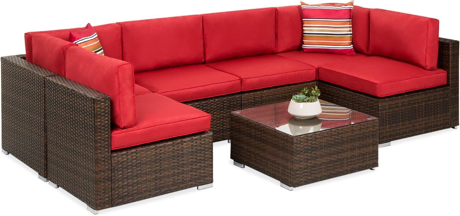 Best Choice Products 7-Piece Modular Outdoor Sectional Wicker Patio Conversation Set w/ 2 Pillows, Coffee Table, Cover Included – Brown/Red