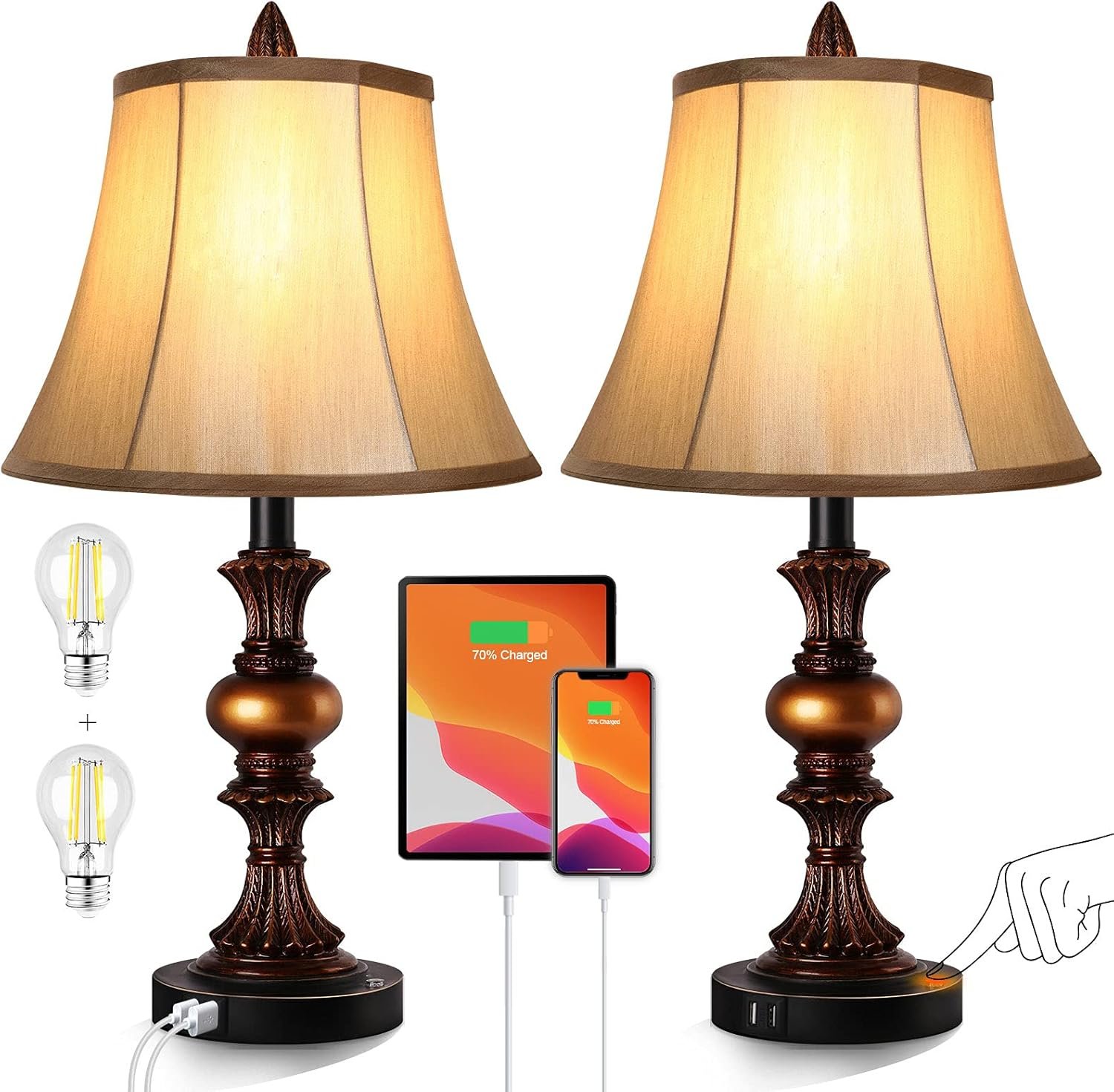 Touch Control Traditional Table Lamp Set of 2, Vintage Bedside Lamps with Dual USB Charging Ports, 3-Way Dimmable Bronze Finish Desk Lamps with Bell Shape Faux Silk Shade for Living Room, Bedroom