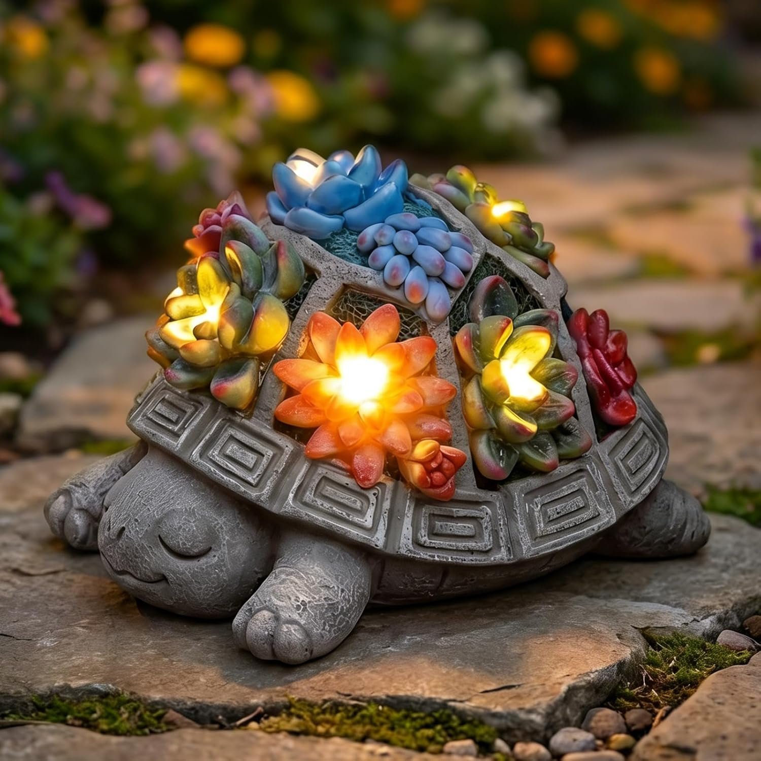 Solar Turtle Garden Outdoor Decor with Succulent & 7 LED Lights – Outside Tortoise Statue Decor for Yard Patio Balcony & Backyard – Home House Decoration Art – Gift for Men Dad Women Mom