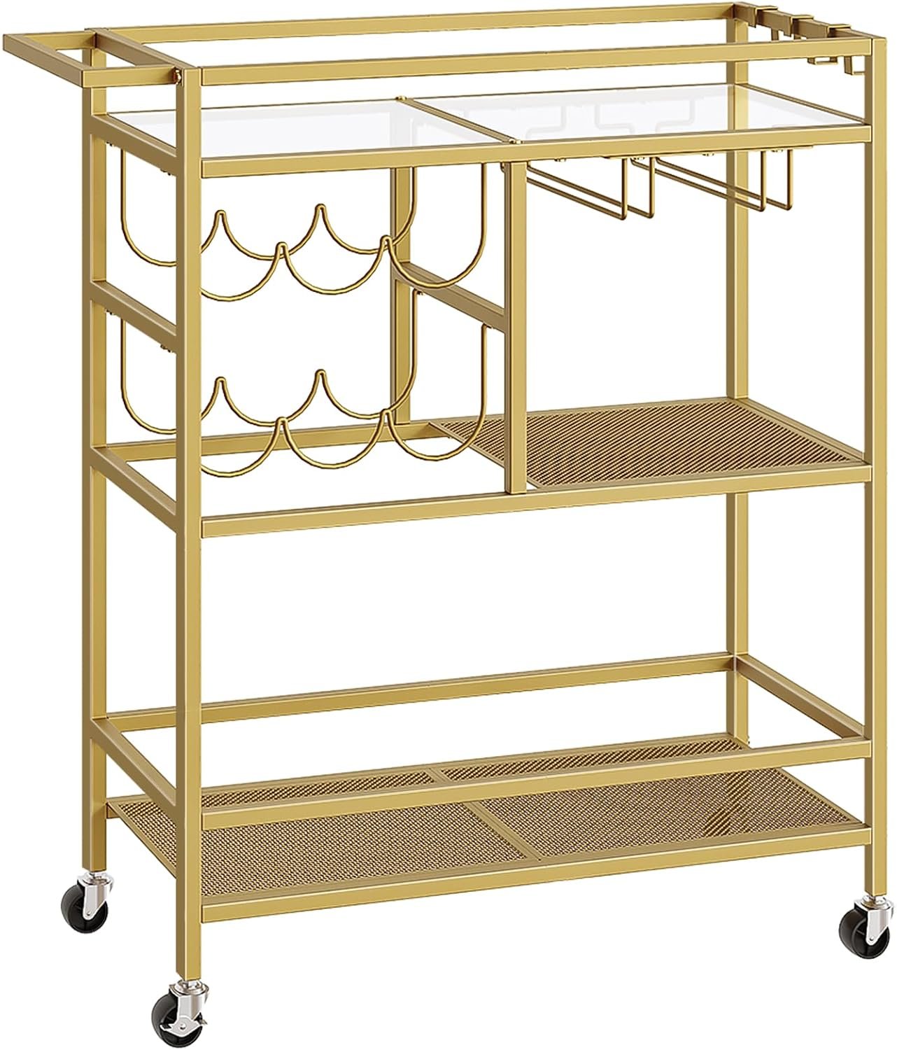MAHANCRIS Bar Cart for Home, 3-Tier Serving Cart with Wheels and Handle, Beverage Cart with Wine Rack and Glass Holders, Rolling Wine Cart for Kitchen, Dining Room, Gold RCJ61B01