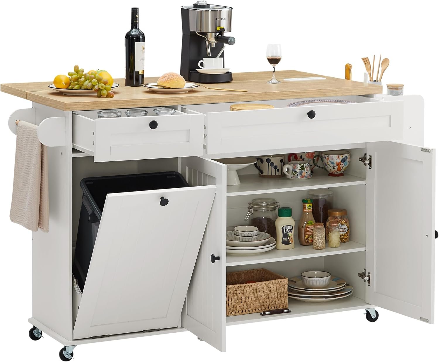 ONBRILL 60″ Kitchen Island with Power Outlet & Drop Leaf, Rolling Island with Spice Rack & Towel Rack, Kitchen Island Cart with Trash Storage Cabinet, Island Table for Kitchen, White