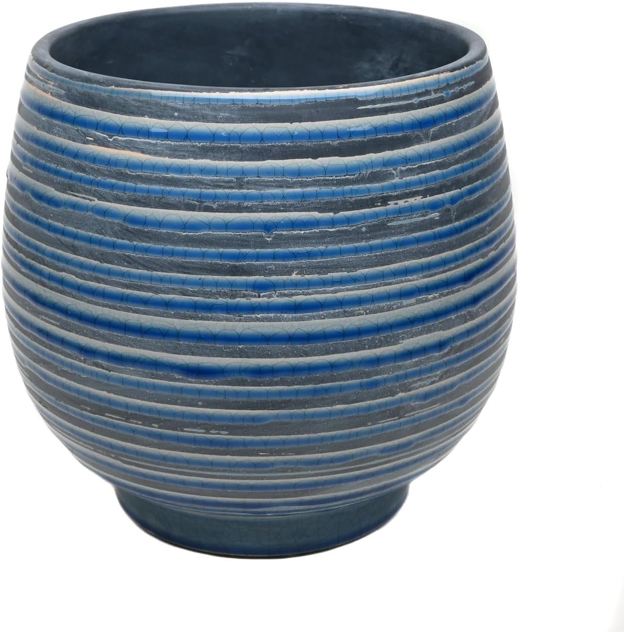 Blue Ceramic Flower Pot, 12 Inch Round Large Capacity, Handmade Horizontal Stripe Glaze for Indoor and Outdoor Use with Removable Drain Holes