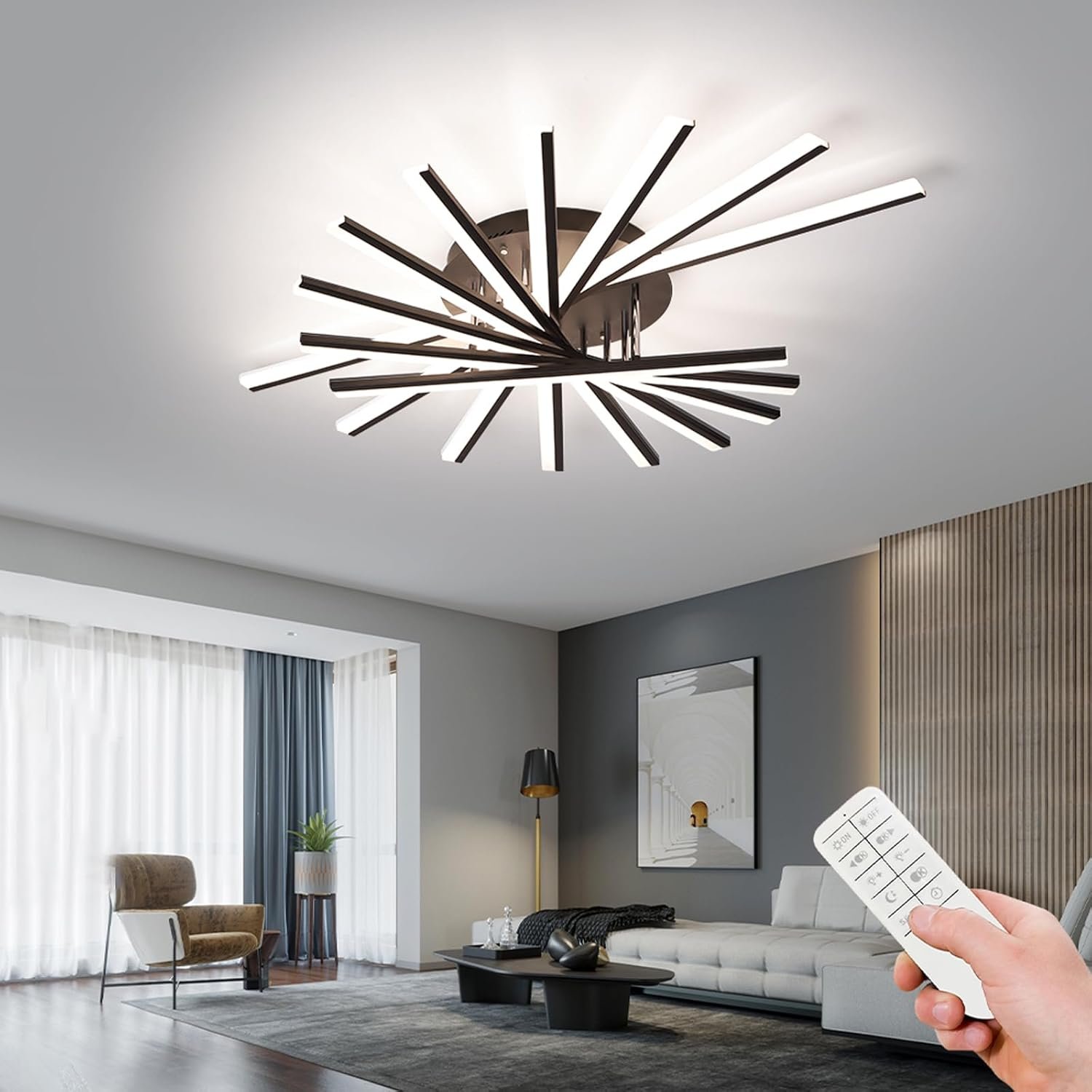 JAYMP 9 Lights Linear Modern Ceiling Lamp 45.3 inch Dimmable Led Semi Flush Mount Black Spiral Ceiling Light Fixture for Bedroom Dining Room Kitchen Island Living Room