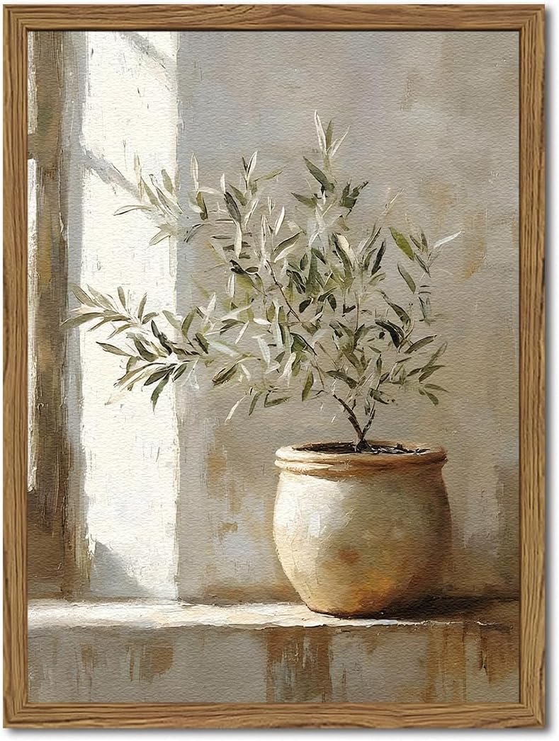 Framed Vintage Olive Tree Wall Art, Textured Sandstone Botanical Pictures Wall Decor, Rustic Neutral Potted Plant Paintings Prints Aesthetic Farmhouse Home Decor for Living Room Bedroom 16×24 inch