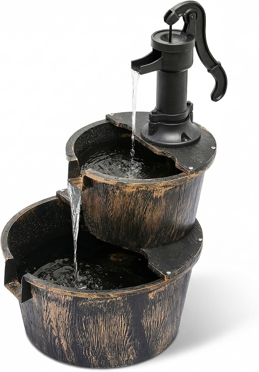 Magshion 27″ Tall Outdoor Barrel Pump Water Fountain, 2-Tier Soothing Cascading Waterfall Feature with Electric Recirculating Pump, Garden Decor for Outside Patio, Yard, Porch or Landscape, Bronze