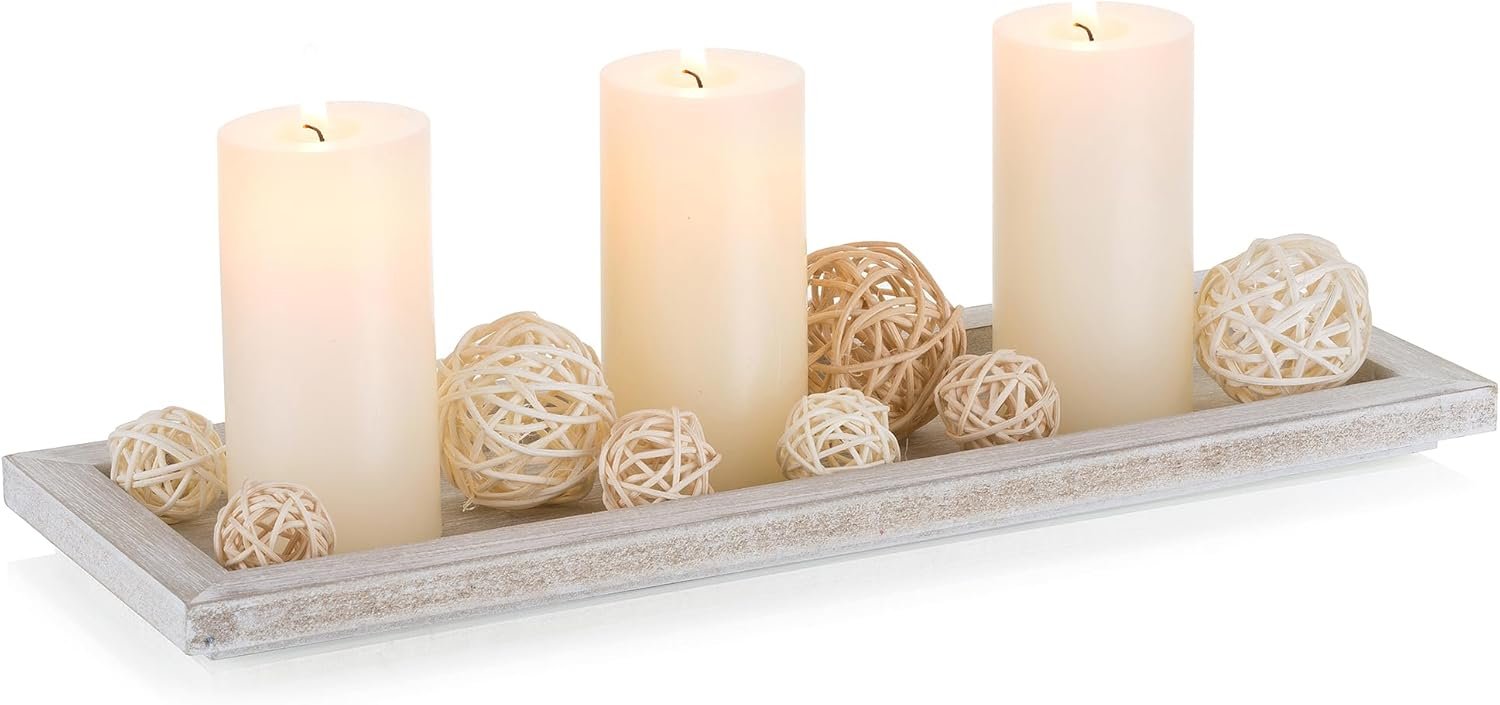 Romadedi Wooden Decorative Tray Candle Holder – 13.5 inch Wood Long Narrow Tray Home Decor Small Rustic Farmhouse Centerpieces Trays for Coffee Table Dining Room Living Room, Whitewashed