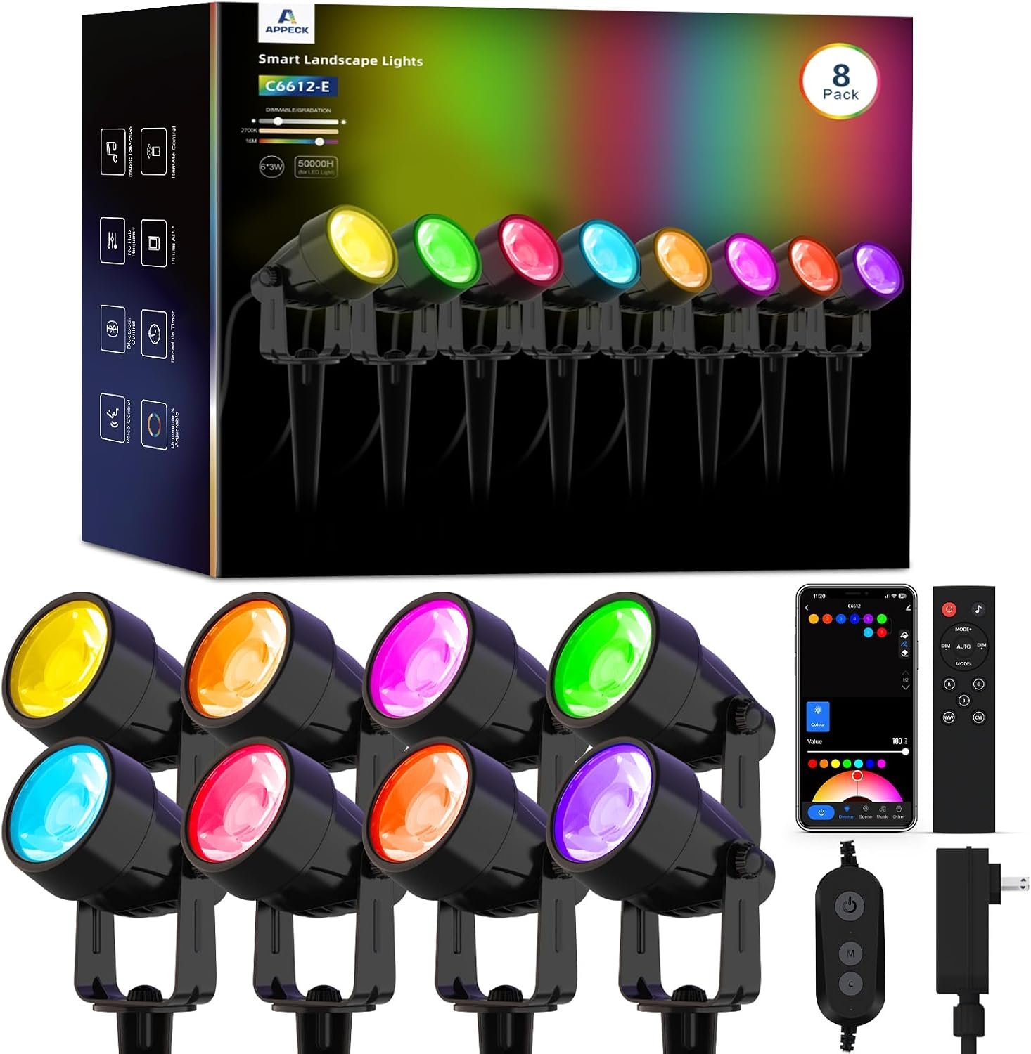 APPECK Landscape Lighting, RGBW Low Voltage Landscape Lights with APP Control, IP65 Waterproof Outdoor Spot Lights, Color Changing Spotlights for Yard, Garden,Trees, Patio & Holiday Decor, 8 Pack