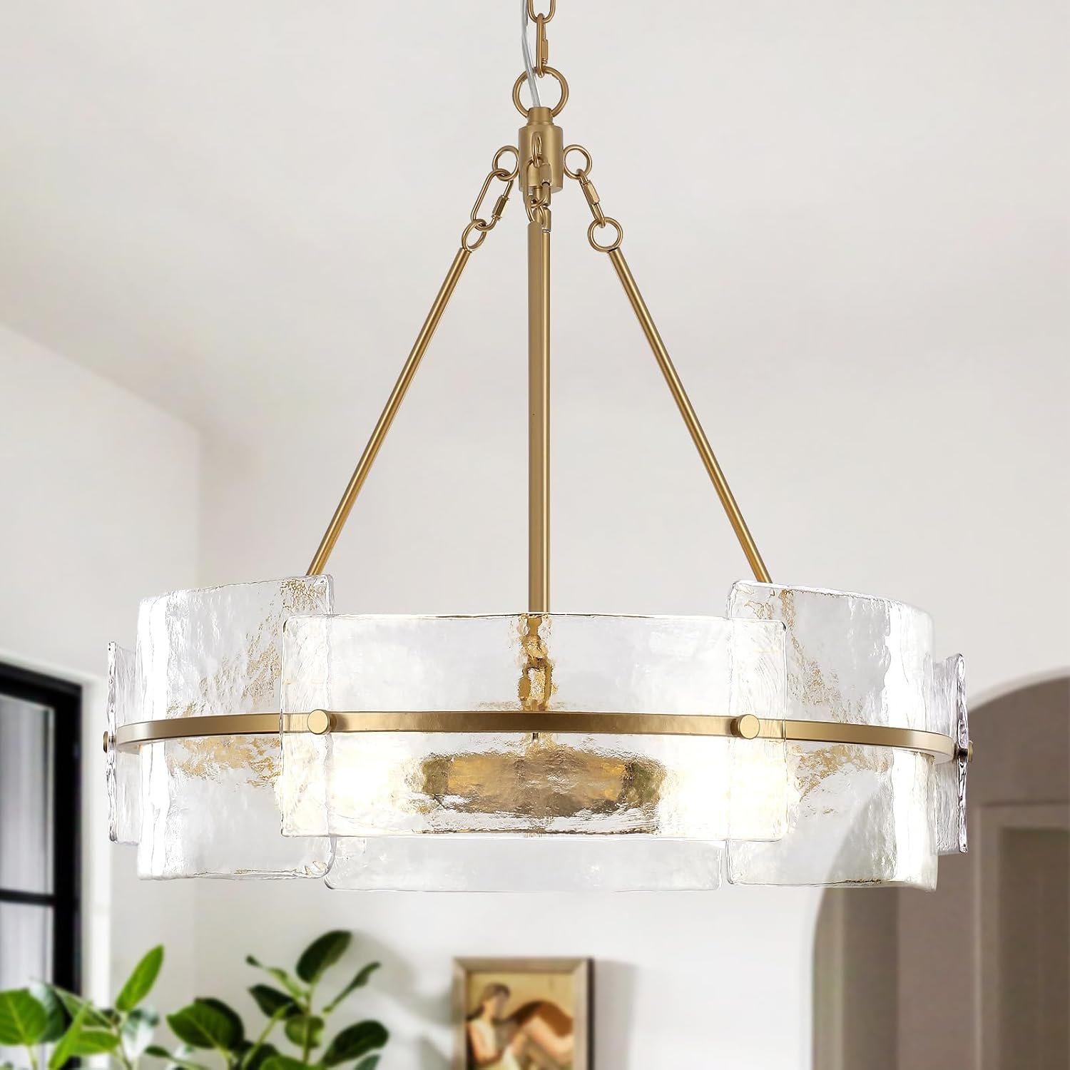 Modern Chandelier for Dining Room, 22″ Gold Glass Chandelier, Large Farmhouse Round Chandelier for Dining Room, Foyer, Bedroom, Hallway, Entryway