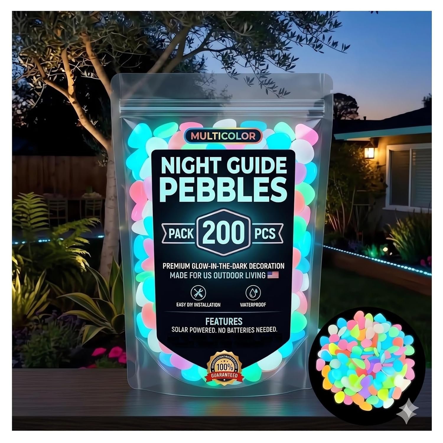 2026 Colorful Glow-in-the-Dark Garden Stones Night Guide Luminous Pebbles Rainbow Glow in the Dark Stepping Rocks Outdoor Landscaping Decor Glowing Stones Fish Tank Aquarium Decorations (200, Multi)