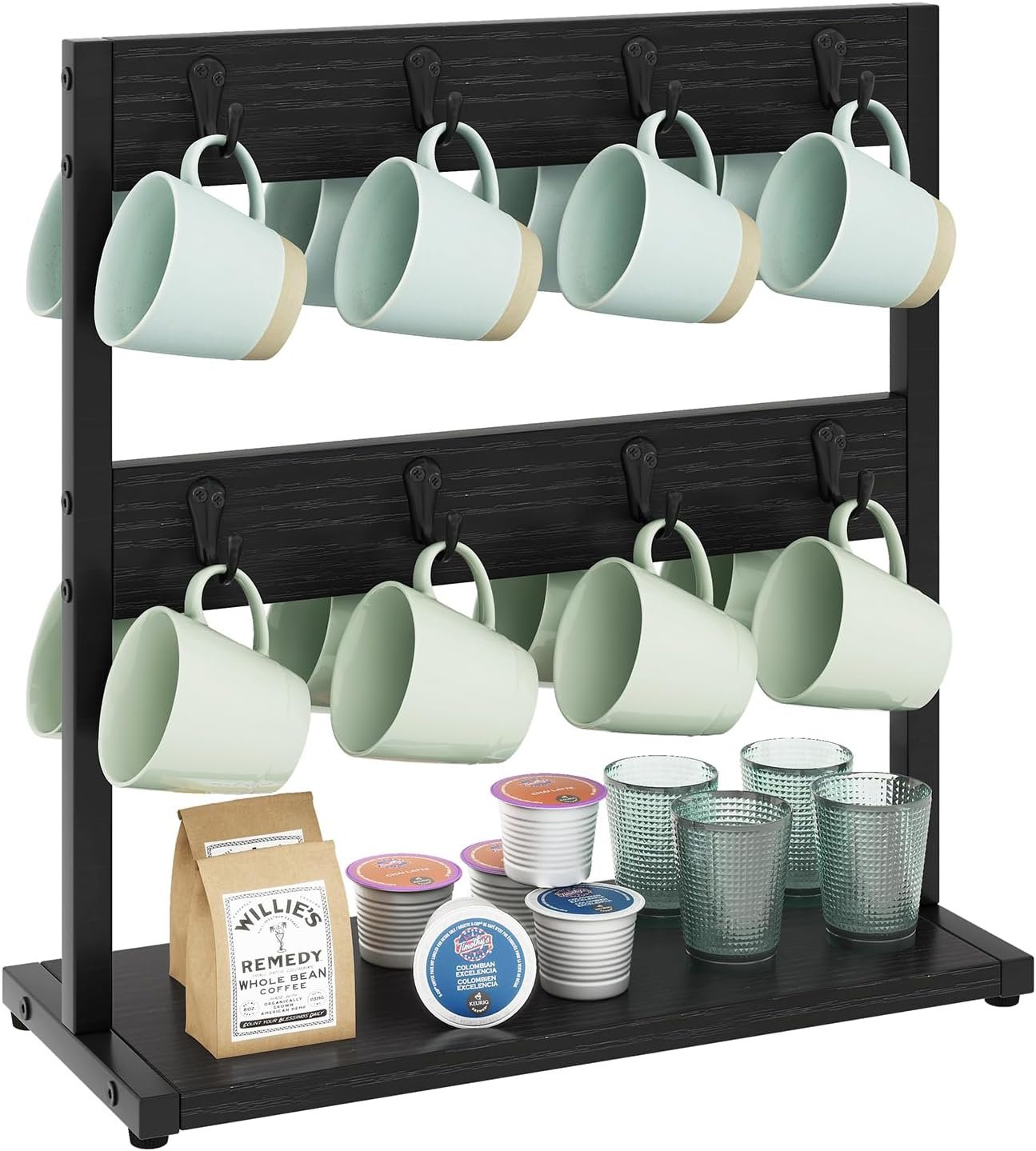 IBUYKE Wood Coffee Mug Holder for Countertop,16 Hook Mug Tree Holder Rack with Storage Base,Mug Display Organizer,Mug Holders for Home Kitchen,Black UTBJ001B