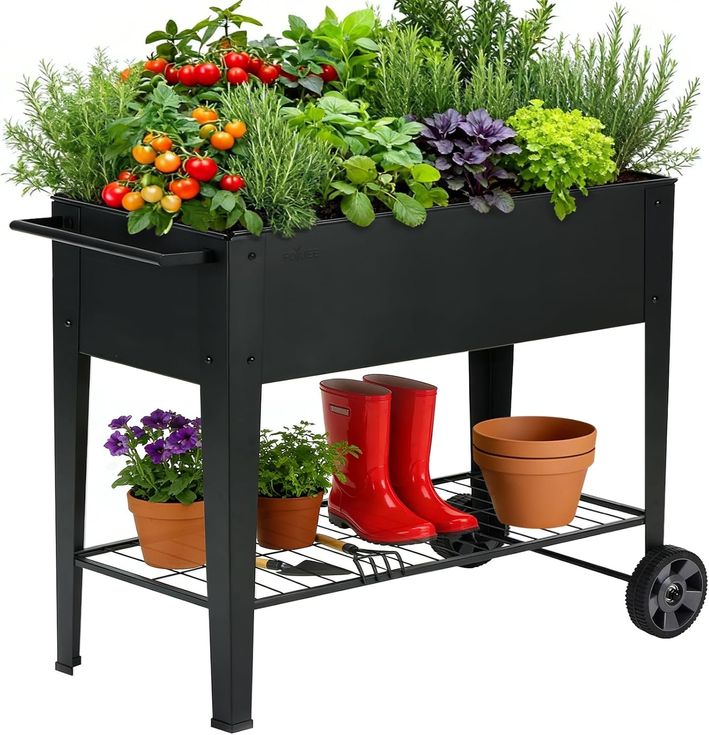 31.5″ Tall Raised Garden Bed with Wheels, Extra 15.7″ W Planter Box (400 lbs Loads) with Storage Shelf & Handle,Heavy Duty Metal Garden Planter for Vegetables, Herbs & Flowers, Patio & Balcony