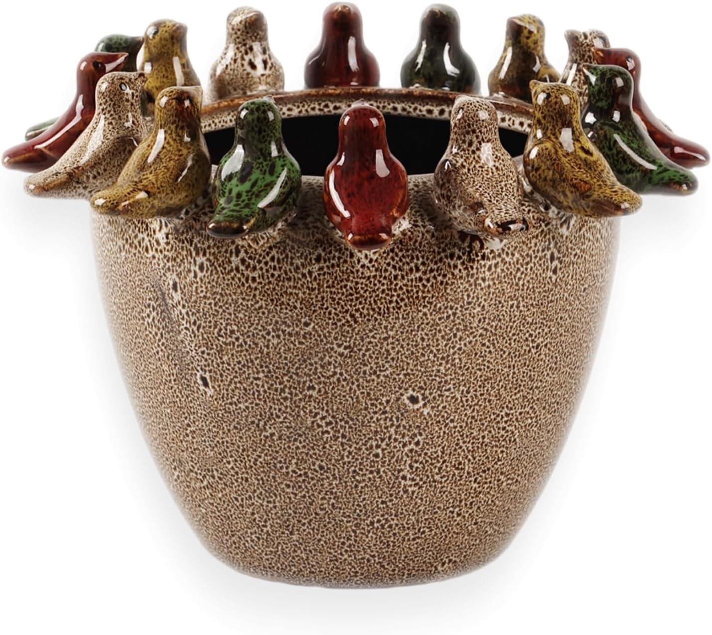 10.4 Inch Plant Pot, Ceramic Planter with Drainage Hole and Silicone Plug, Flower Pot with Ceramic Birds on Rim, Reactive Glaze, for Indoor Outdoor Plants Home Garden Patio Office