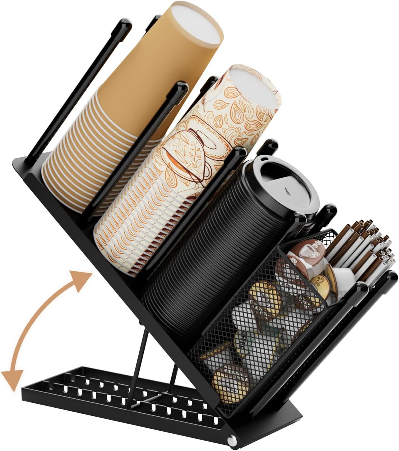 OVICAR Cup and Lid Holder – Adjustable Coffee Cup Holder Organizer 4 Compartment Disposable Cup Dispenser with Coffee Pod Straw Storage Basket for Coffee Station Bar Countertop Breakroom Metal Black