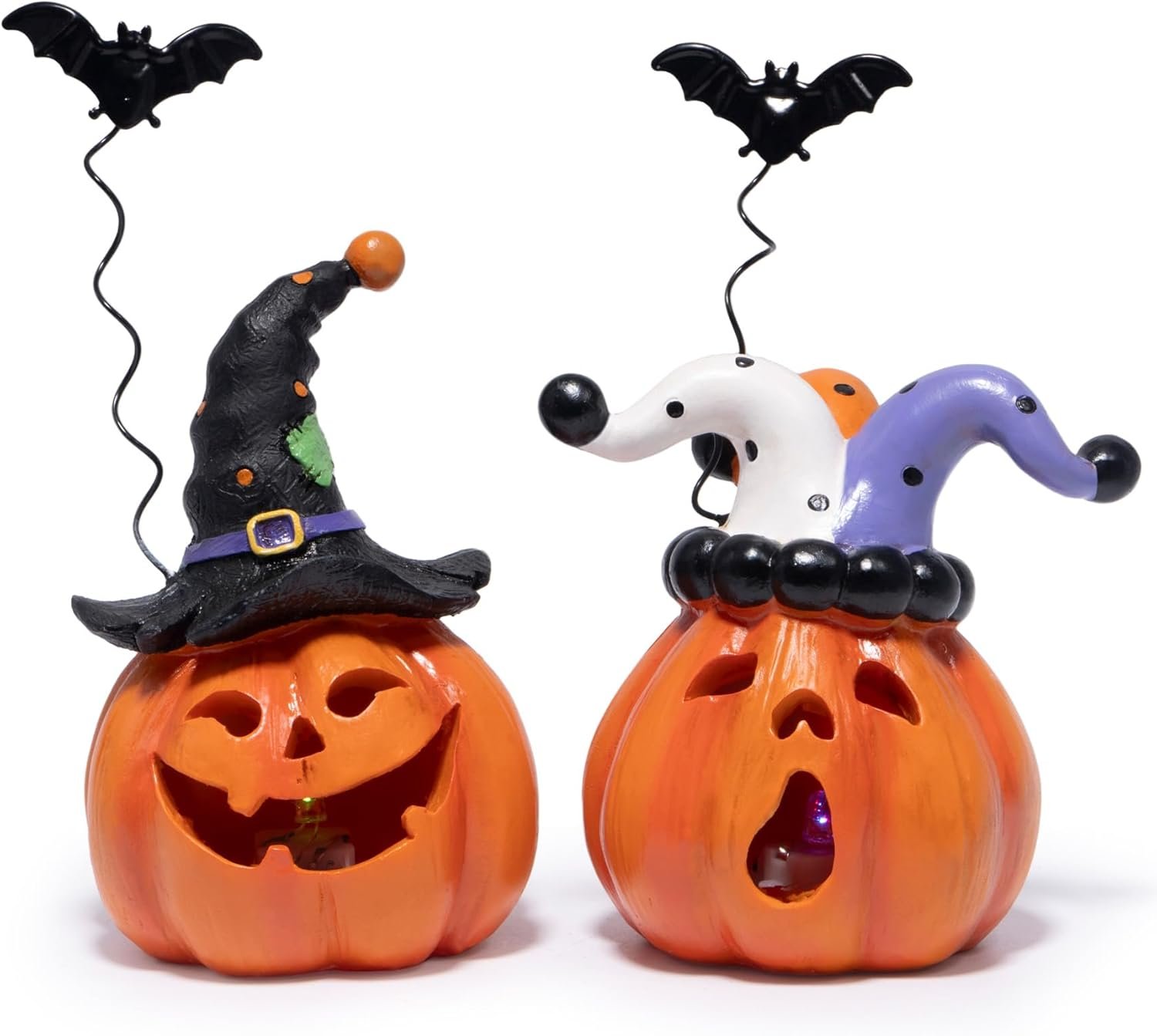 Hodao Halloween Pumpkin Decor Indoor, Resin Halloween Figurines with Light, Jack O Lantern Decorations with Witch Hat & Flying Bat for Home Bedroom Table Office Party Gift – 2 Pcs