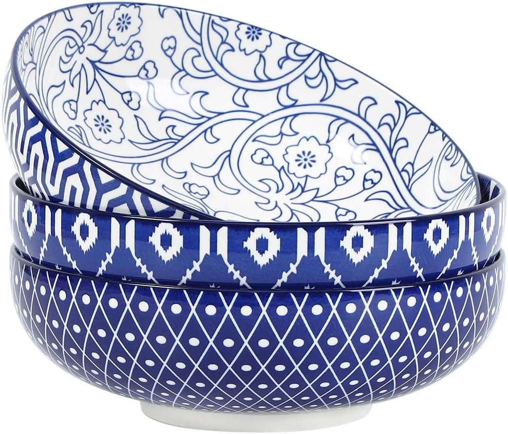 Selamica 9.5″ Serving Bowls, 60 OZ Large Salad Bowls Set of 3 for Entertaining Party, Ceramic Bowls for Kitchen, Pasta, Soup, Dinner, Vintage Blue